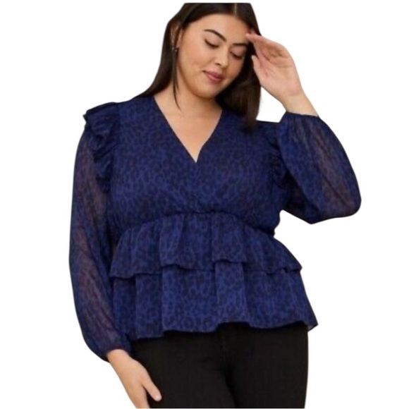 Torrid Chiffon Surplice Blue And Black Animal Print Long Sleeve Blouse - Picture 1 of 5